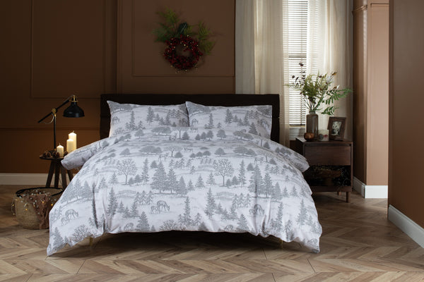 The Lyndon Company Richmond Park brushed cotton duvet set with deer and trees in soft grey