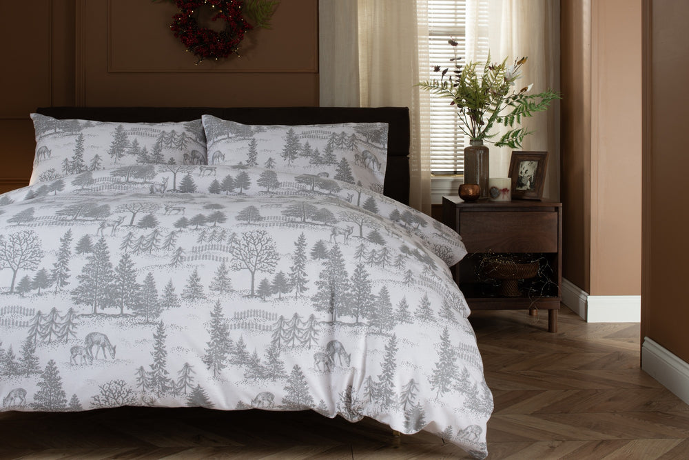 The Lyndon Company Richmond Park brushed cotton duvet set with deer and trees in soft grey